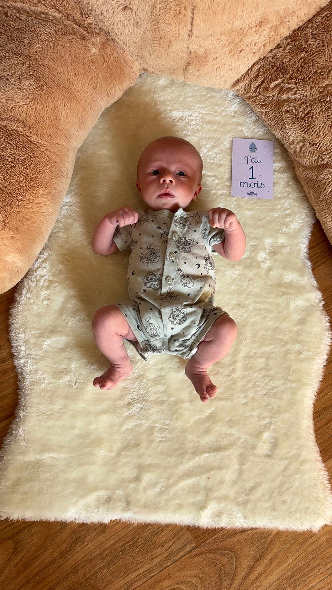 Lëlio participe au concours pour gagner de l'argent avec cette photo : baby, infant, onesie, plush, teddy_bear, milestone_card, floor, wooden_floor, rug, fluffy, cute, lying_down, child, newborn, soft_texture, animal_print, milestone, indoors, portrait, cozy