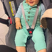 Islem participe au concours pour gagner de l'argent avec cette photo : baby, child, car_seat, seatbelt, smiling, mint_green_clothing, foot, indoor, cute, infant, straps, buttoned_clothing, happy, person, head, face, sitting, toe, fabric, closeup