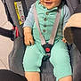 baby, child, car_seat, seatbelt, smiling, mint_green_clothing, foot, indoor, cute, infant, straps, buttoned_clothing, happy, person, head, face, sitting, toe, fabric, closeup