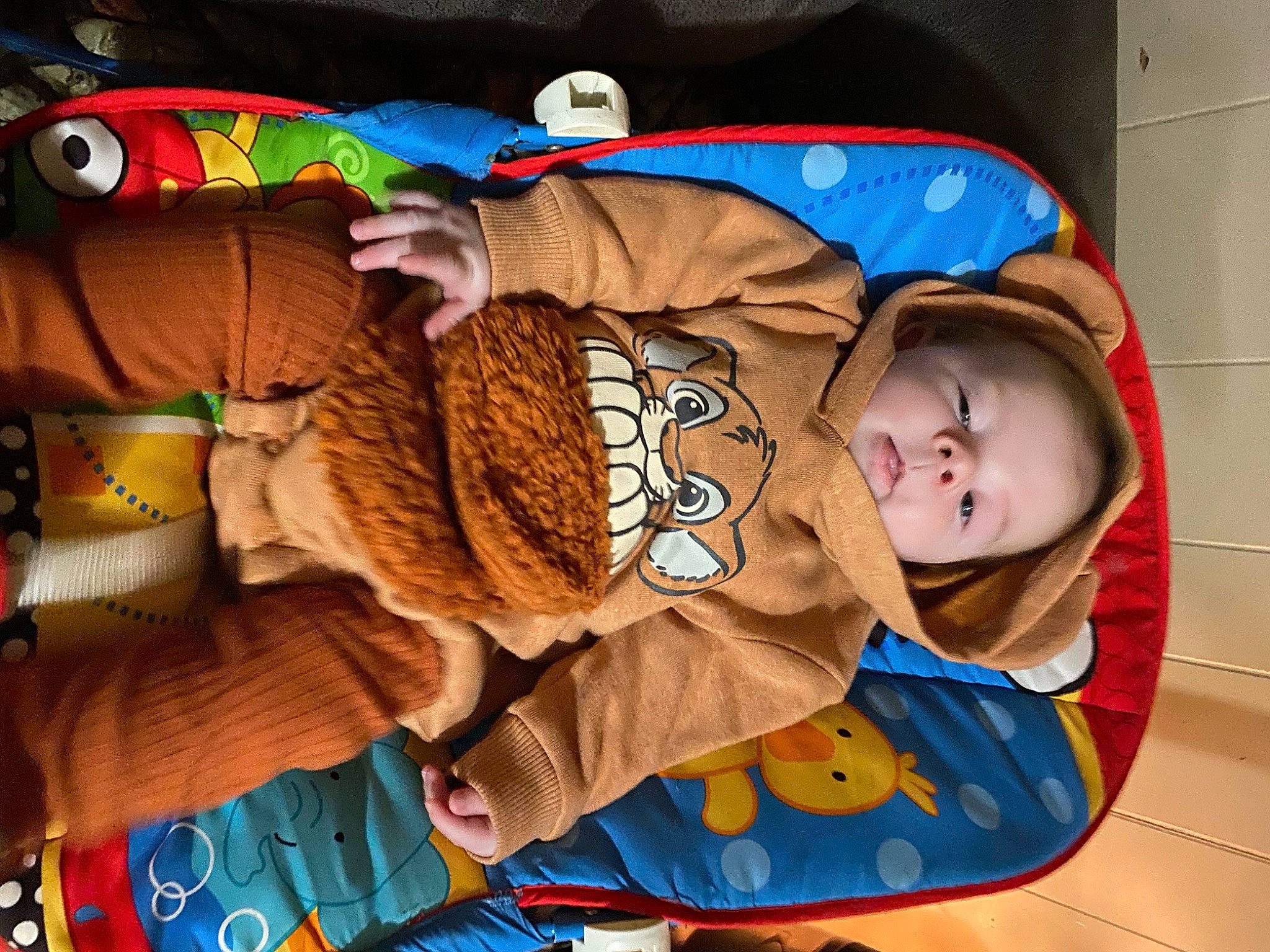 Braxton is registered to the contest to win money with this photo: baby, baby_products, baby_sleeping, baby_toddler_clothing, baby_toys, child, comfort, felidae, fun, fur, linens, orange, person, play, plush, room, stuffed_toy, toddler, toy, vertebrate