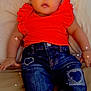 adorable, baby, casual_wear, child, clothing, couch, cozy, cute, denim_jeans, expression, face, heart_patch, indoors, infant, portrait, red_shirt, sitting, skin, sparkles, young_child