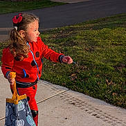 Jaquelyn Marie Kai Wilson joined the competition — help win amazing prizes! autumn, bag, boots, child, costume, curly_hair, cute, face_paint, girl, grass, halloween, holiday, ladybug, outdoor, portrait, pumpkin, red_clothing, sidewalk, sunlight, trick_or_treat