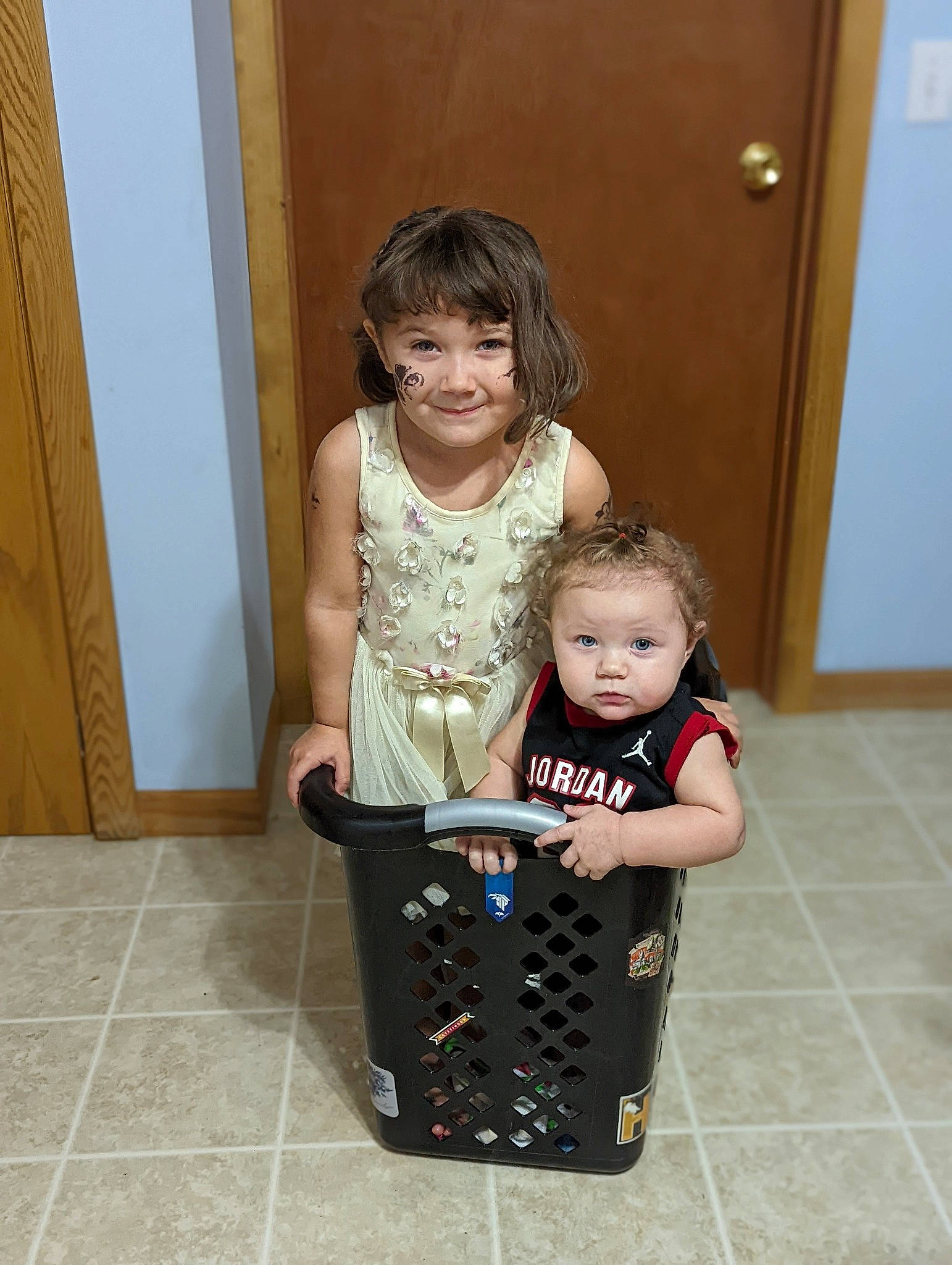 Izabel Kathrine Rose Wilson joined the competition — help win amazing prizes! baby, baby_products, baby_toddler_clothing, bag, child, door, floor, flooring, fun, hair, happy, head, home_door, joy, luggage_and_bags, pattern, person, room, sitting, smile