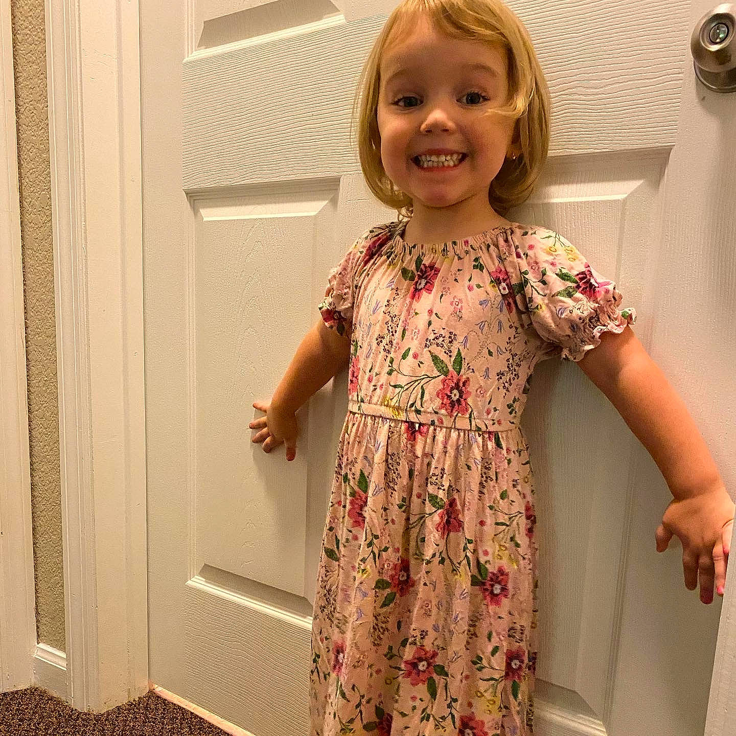 Kimberlyn is registered to the contest to win money with this photo: child, clothing, day_dress, dress, joy, pattern, person, pink, room, skin, sleeve, smile, textile, toddler