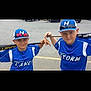 child, baseball, sports, uniform, hat, bat, outdoor, parking_lot, team, blue_clothing, sunglasses, pose, two_people, kids, recreation, summer, fun, competition, young_athlete, casual