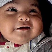 Matias Santiago joined the competition — help win amazing prizes! baby, infant, child, smiling, portrait, close_up, face, hood, hoodie, clothing, gray, white, indoor, seated, happy, cute, camera, looking_at_camera, soft_lighting, baby_portrait