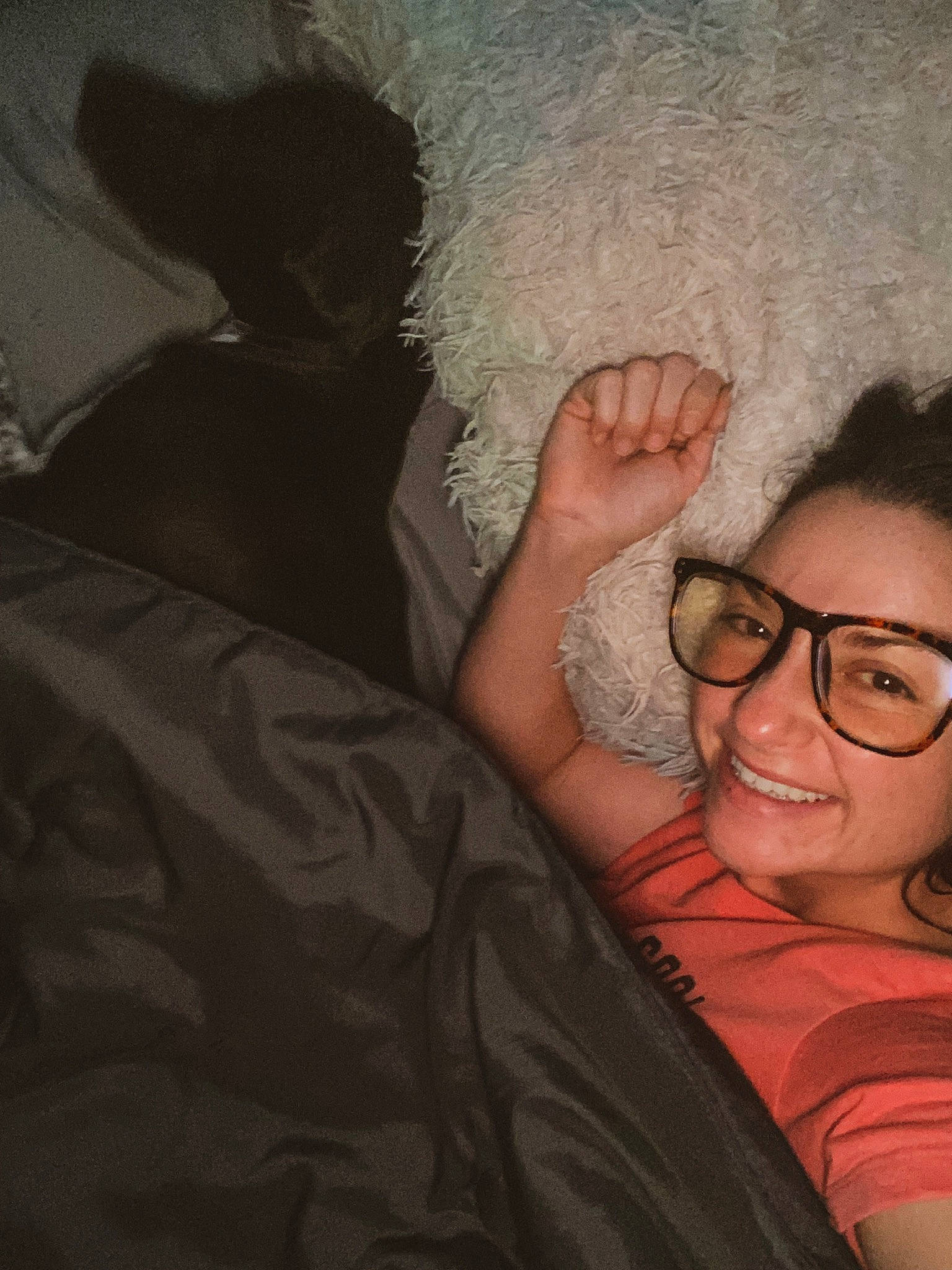 Sadie Mae joined the competition — help win amazing prizes! black_hair, comfort, ear, eyebrow, eyelash, eyewear, flash_photography, fun, gesture, glasses, happy, linens, mouth, neck, nose, room, skin, smile, textile, vision_care