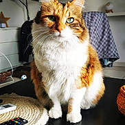 Nanouche participe au concours pour gagner de l'argent avec cette photo : basket, blanket, cat, cozy, cute, decoration, domestic_animal, fluffy, focused, furniture, green_eyes, indoor, lamp, living_room, orange_and_white, pet, remote_control, sitting, table, whiskers