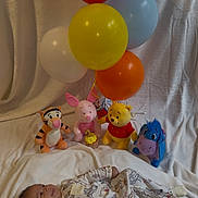 Gerald is registered to the contest to win money with this photo: baby, infant, plush_toys, balloons, winnie_the_pooh, tigger, piglet, pooh, eeyore, blanket, onesie, smile, happy, soft, cute, toy, celebration, child, lying_down, indoors