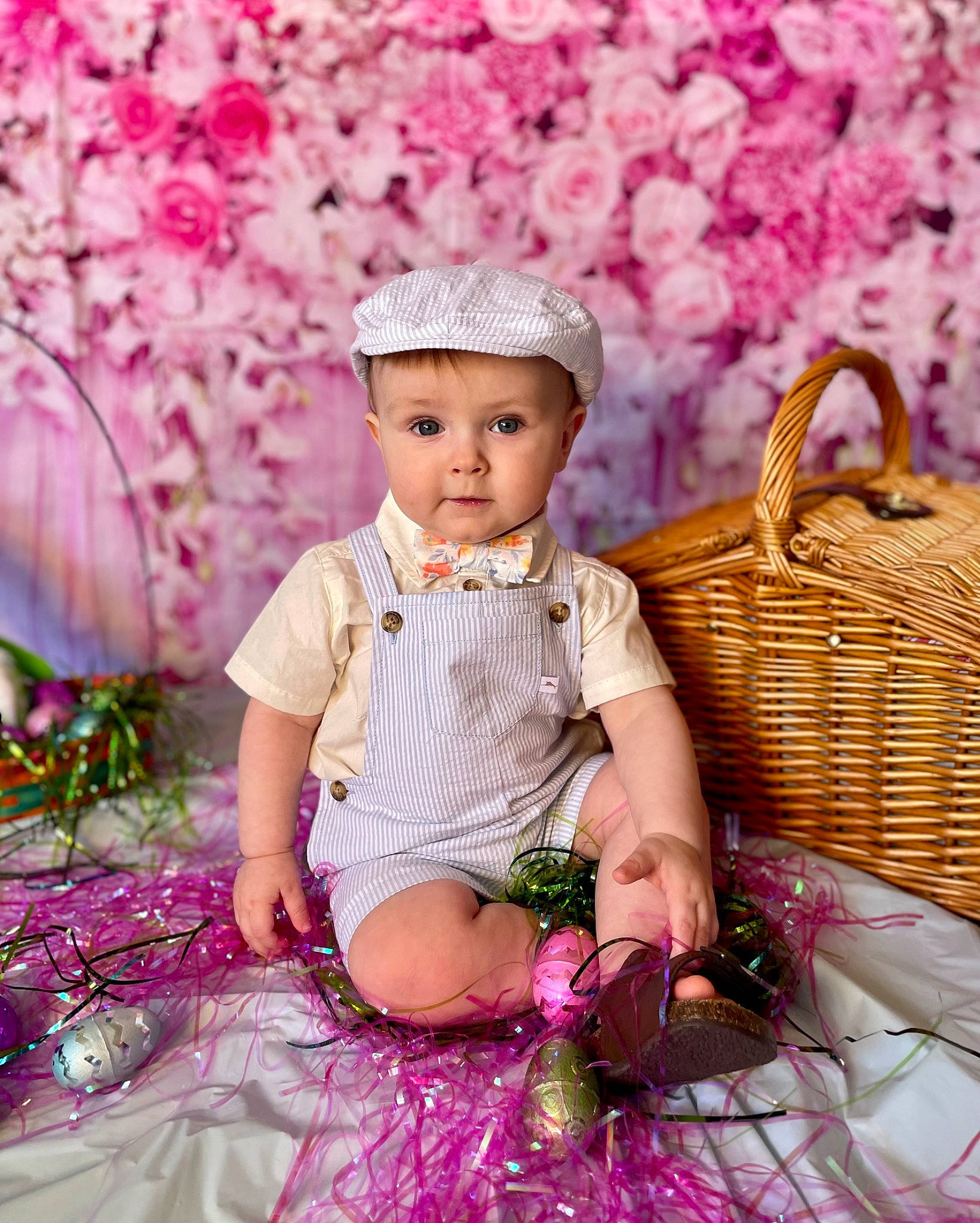 Levi joined the competition — help win amazing prizes! baby_toddler_clothing, basket, event, fashion_accessory, flower, grass, happy, headwear, magenta, pattern, people_in_nature, person, petal, picnic_basket, pink, plant, purple, storage_basket, textile, toddler
