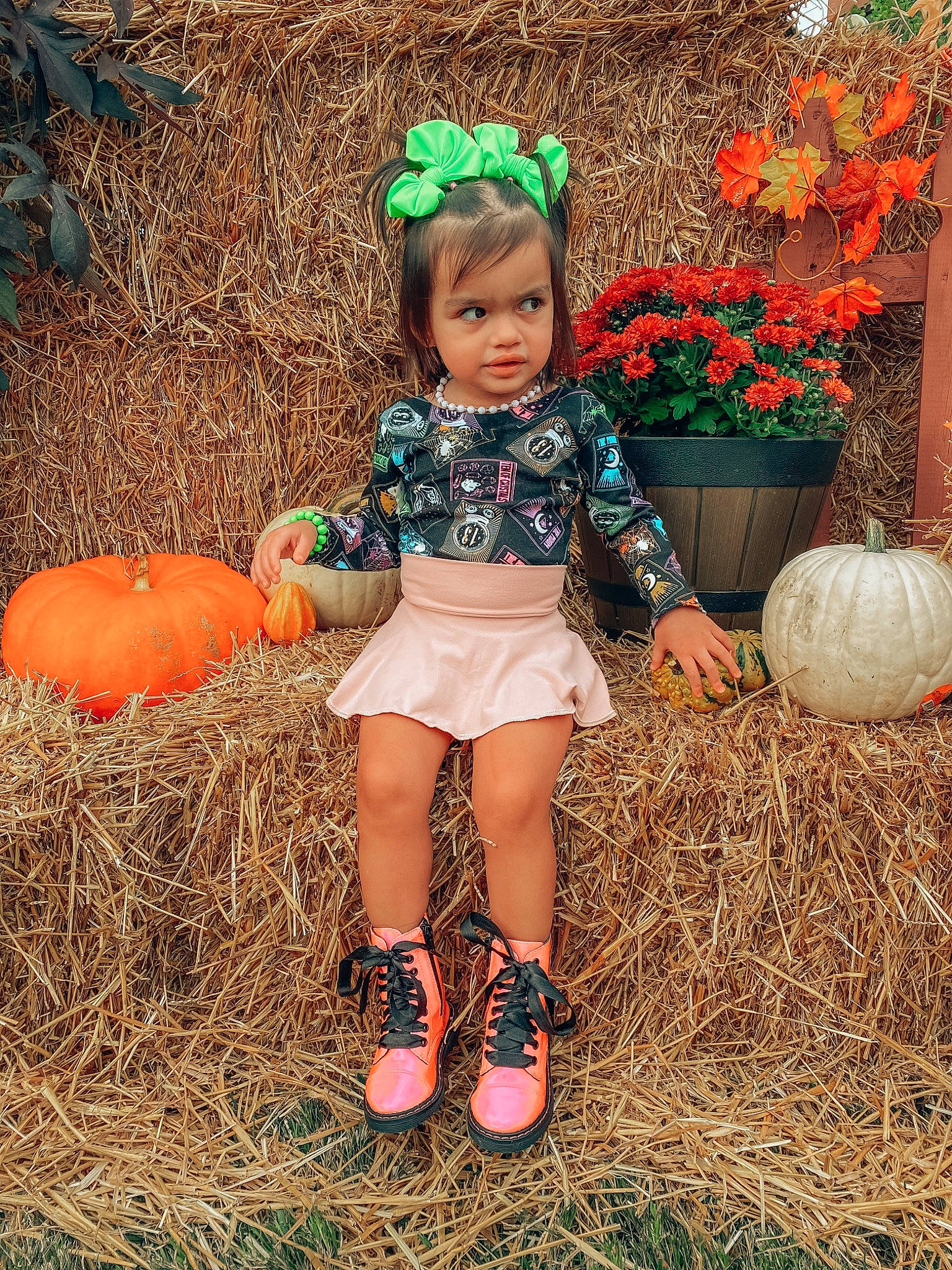 Aspyn joined the competition — help win amazing prizes! baby_toddler_clothing, calabaza, cucurbita, flower, flowerpot, gourd, grass, happy, hat, human_leg, leg, orange, people_in_nature, person, plant, pumpkin, shoe, squash, thigh, vegetable