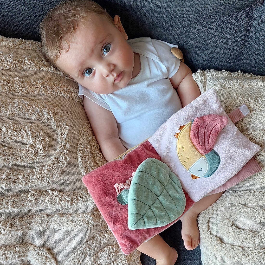 Thelma a rejoint le concours — aidez-le/la à gagner de superbes lots ! baby, barefoot, bird_design, blue_eyes, child, couch, cozy, curly_hair, cute, fabric_book, home, indoor, infant, leaf_design, looking_up, pillows, relaxed, sitting, soft_texture, white_onesie