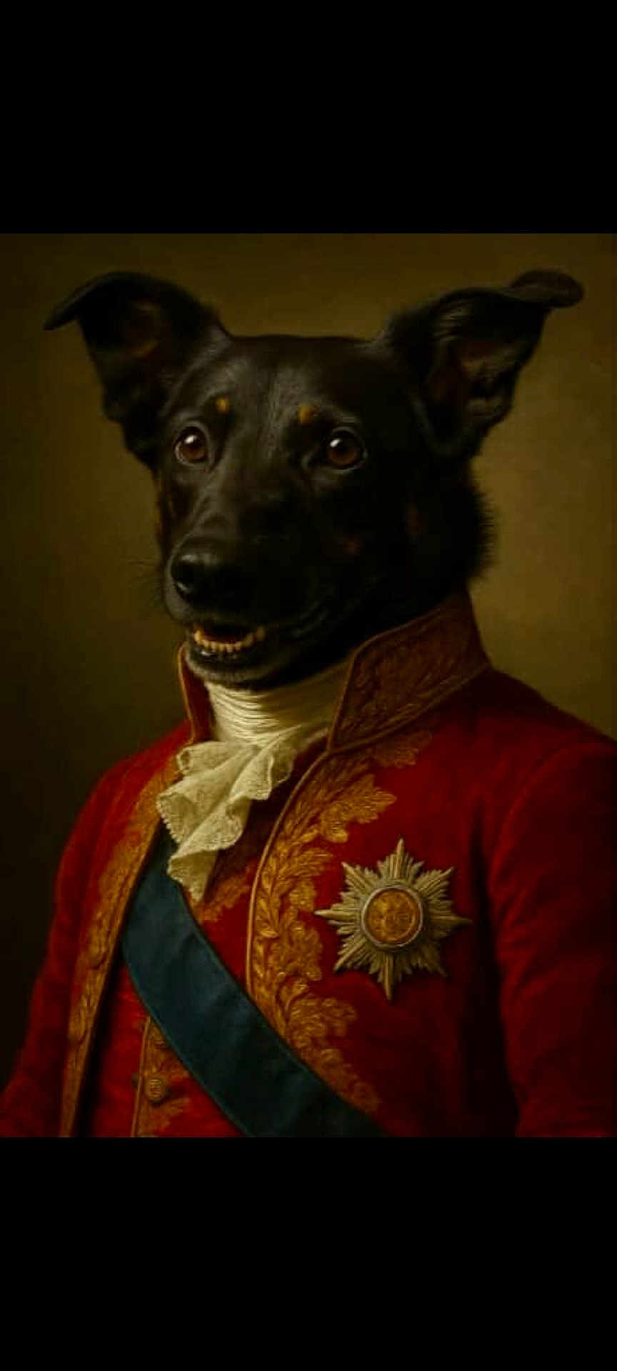 Rubis a rejoint le concours — aidez-le/la à gagner de superbes lots ! dog, portrait, costume, regal, uniform, red_coat, blue_sash, medal, decorative, historical_style, animal_portrait, black_dog, noble, formal, elegant, studio_lighting, classic, artistic, dressed_up, smiling_dog