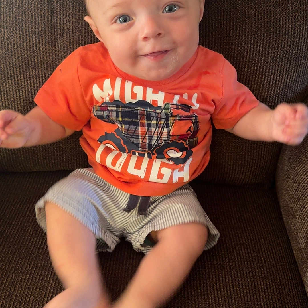 Kason joined the competition — help win amazing prizes! baby, bodypart, chair, clothing, couch, cushion, face, finger, furniture, hand, head, homedecor, jeans, pants, person, photography, portrait, shorts, sitting, t_shirt