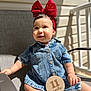 baby, child, denim_dress, red_bow, headband, milestone_sign, 11_months, outdoor, sunlight, smiling, happy, sitting, chair, cute, infant, portrait, footwear, baby_shoes, skin, person