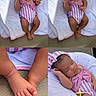 baby, infant, sleeping, pacifier, blanket, pink_bow, headband, striped_outfit, feet, closeup, skin, peaceful, resting, toddler, child, outdoor, cushion, fabric, cute, portrait