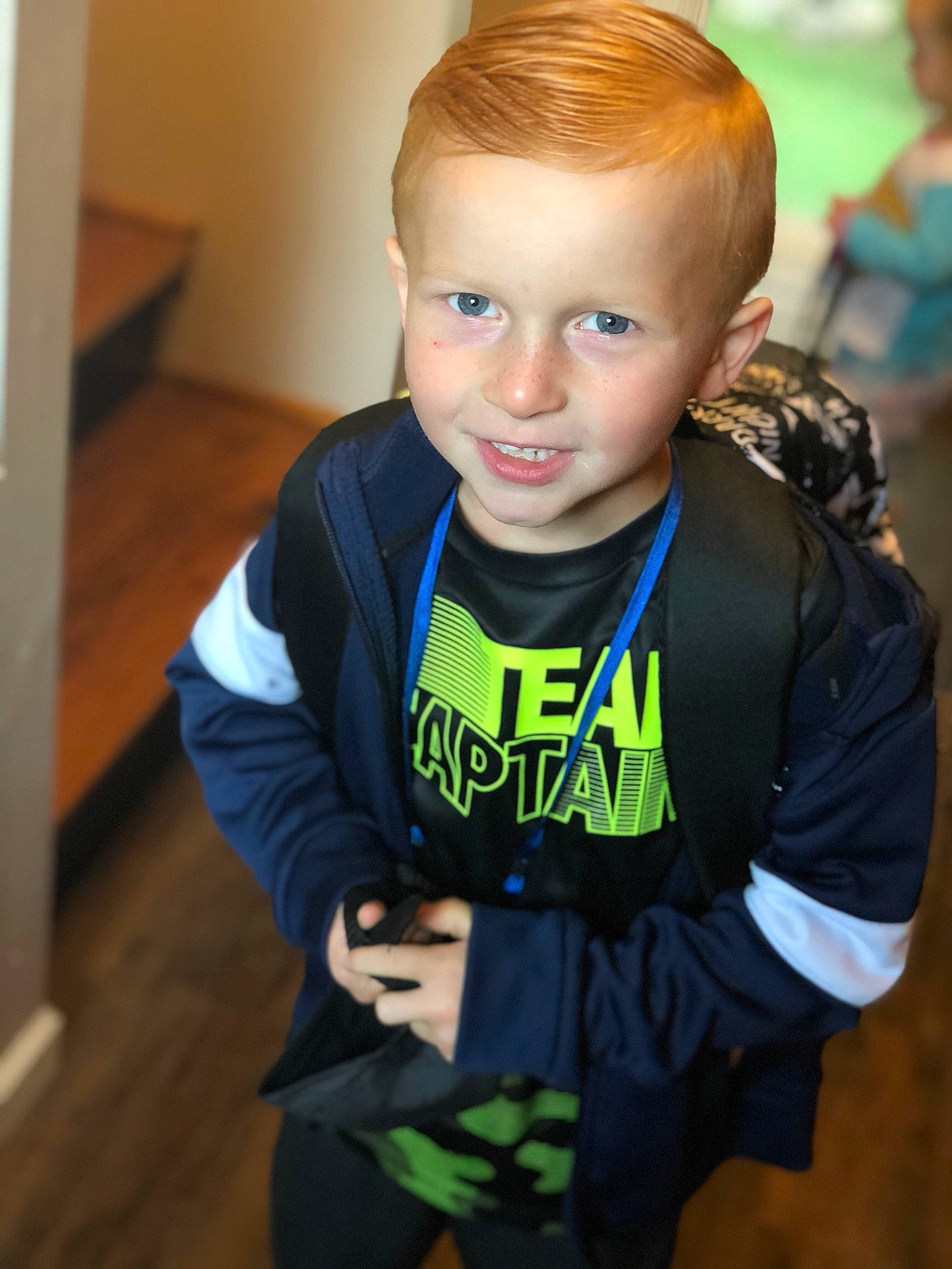 Johnathon is registered to the contest to win money with this photo: child, child_model, face, hairstyle, head, jacket, joy, outerwear, person, sleeve, t_shirt, toddler