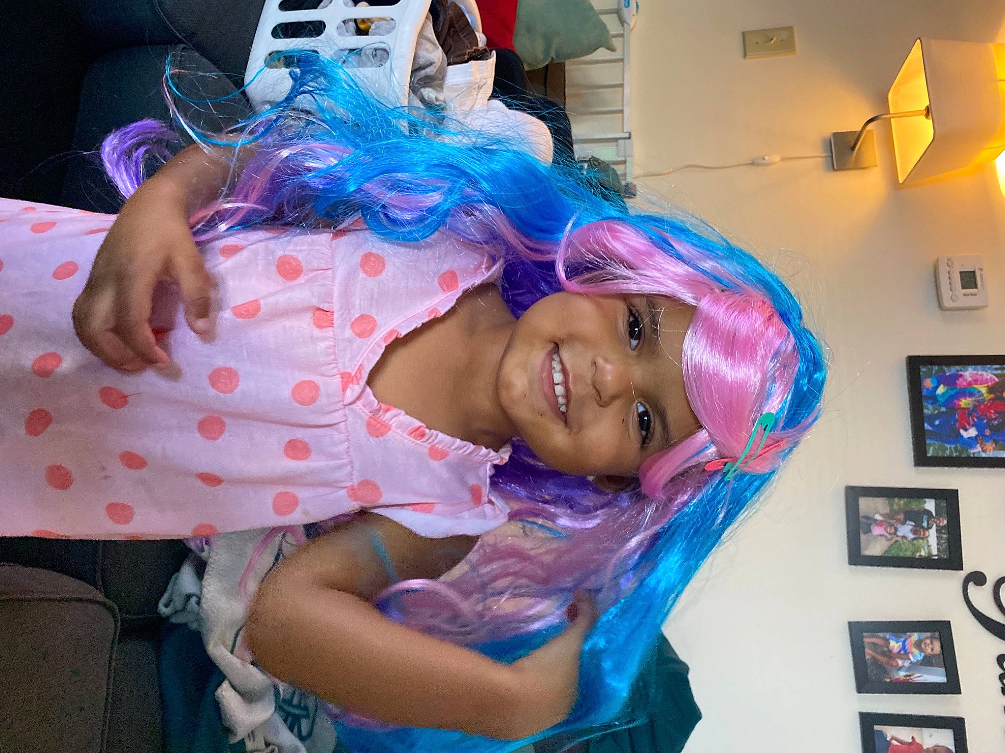 Haidyn is registered to the contest to win money with this photo: blue, blurred, costume, dress, electric_blue, event, eyewear, fashion_accessory, fashion_design, fun, hair_coloring, happy, headwear, jewellery, joy, lamp, magenta, makeover, mouth, person
