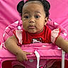 Nola joined the competition — help win amazing prizes! baby, child, pink, red, polka_dot, headband, bow, curly_hair, sitting, baby_seat, hello_kitty, clothing, cute, infant, portrait, indoor, person, face, expression, soft_toys