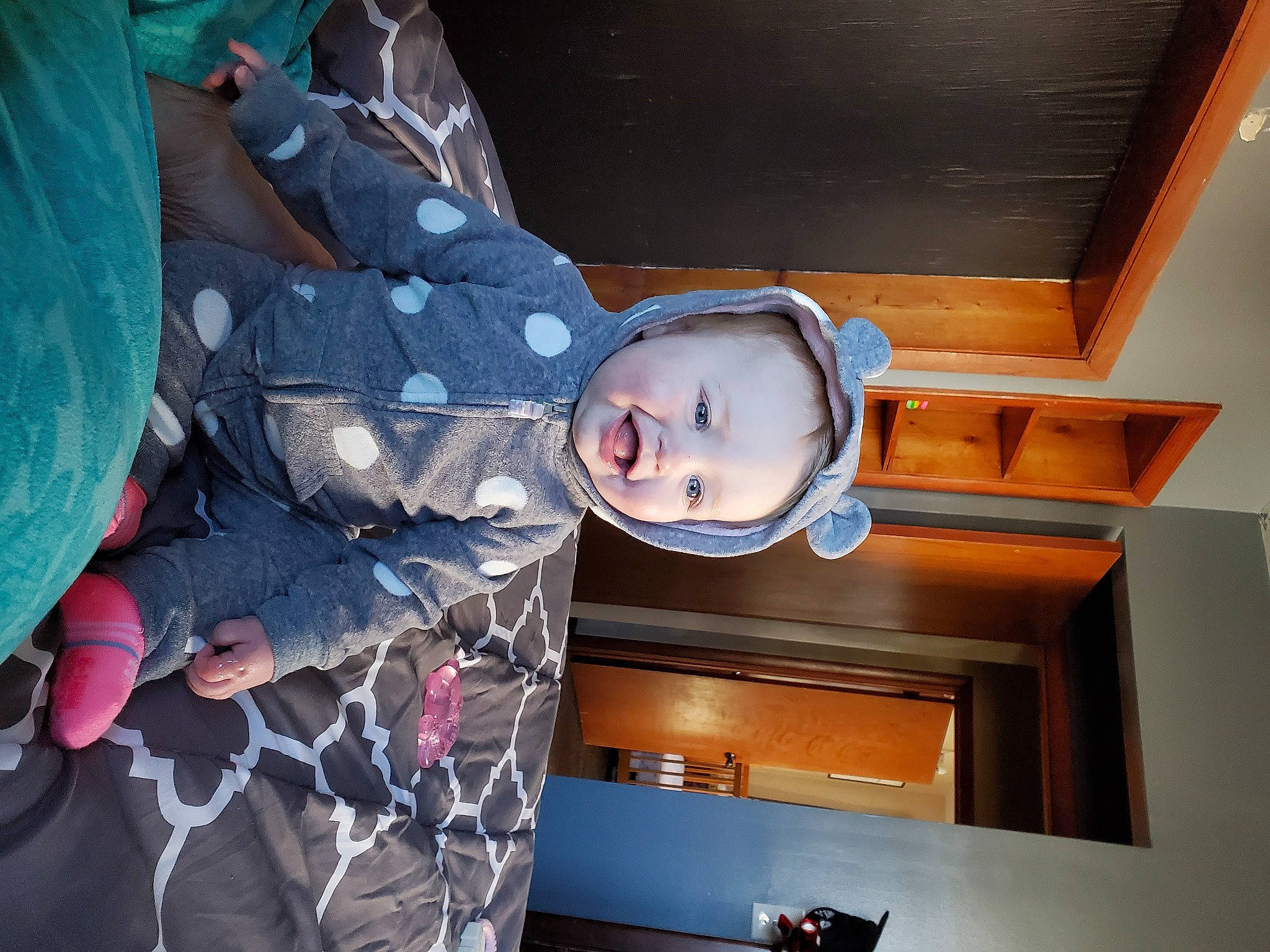 Katherine is registered to the contest to win money with this photo: baby, baby_products, ceiling, child, comfort, eye, fun, hardwood, house, leg, mouth, person, room, space, toddler, tree, wood