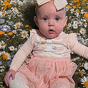 Ava is registered to the contest to win money with this photo: baby, child, girl, bow, headband, pink_dress, tights, flowers, daisies, wildflowers, outdoor, nature, grass, sitting, portrait, cute, innocent, blue_eyes, skin, person