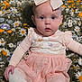 baby, child, girl, bow, headband, pink_dress, tights, flowers, daisies, wildflowers, outdoor, nature, grass, sitting, portrait, cute, innocent, blue_eyes, skin, person