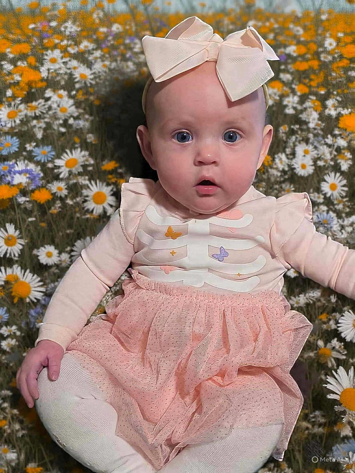 Ava is registered to the contest to win money with this photo: baby, child, girl, bow, headband, pink_dress, tights, flowers, daisies, wildflowers, outdoor, nature, grass, sitting, portrait, cute, innocent, blue_eyes, skin, person