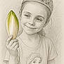 child, girl, sketch, drawing, pencil, crown, princess, leaf, tshirt, animated_character, portrait, smile, hand, hair, young, face, clothing, illustration, artwork, expression