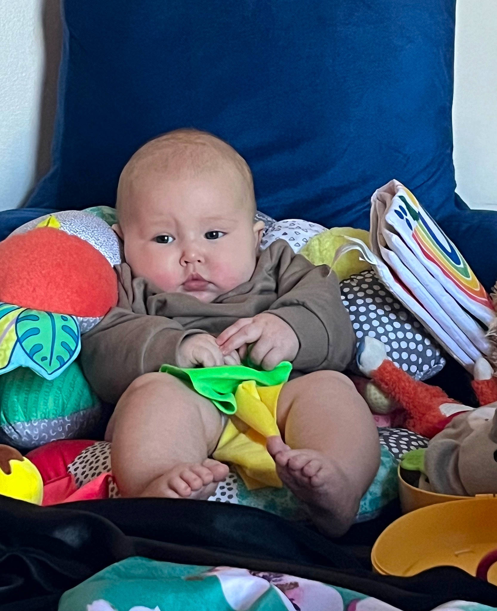 Gwen is registered to the contest to win money with this photo: baby, baby_carriage, baby_products, baby_toddler_clothing, cheek, child, comfort, fun, happy, head, lap, leg, linens, person, play, sitting, skin, stuffed_toy, textile, thigh