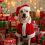 Sunshine is registered to the contest to win money with this photo: dog, christmas, holiday, santa_claus, costume, presents, gifts, festive, lights, decorations, smiling, cute, pet, indoor, celebration, red, green, white, fur, seasonal