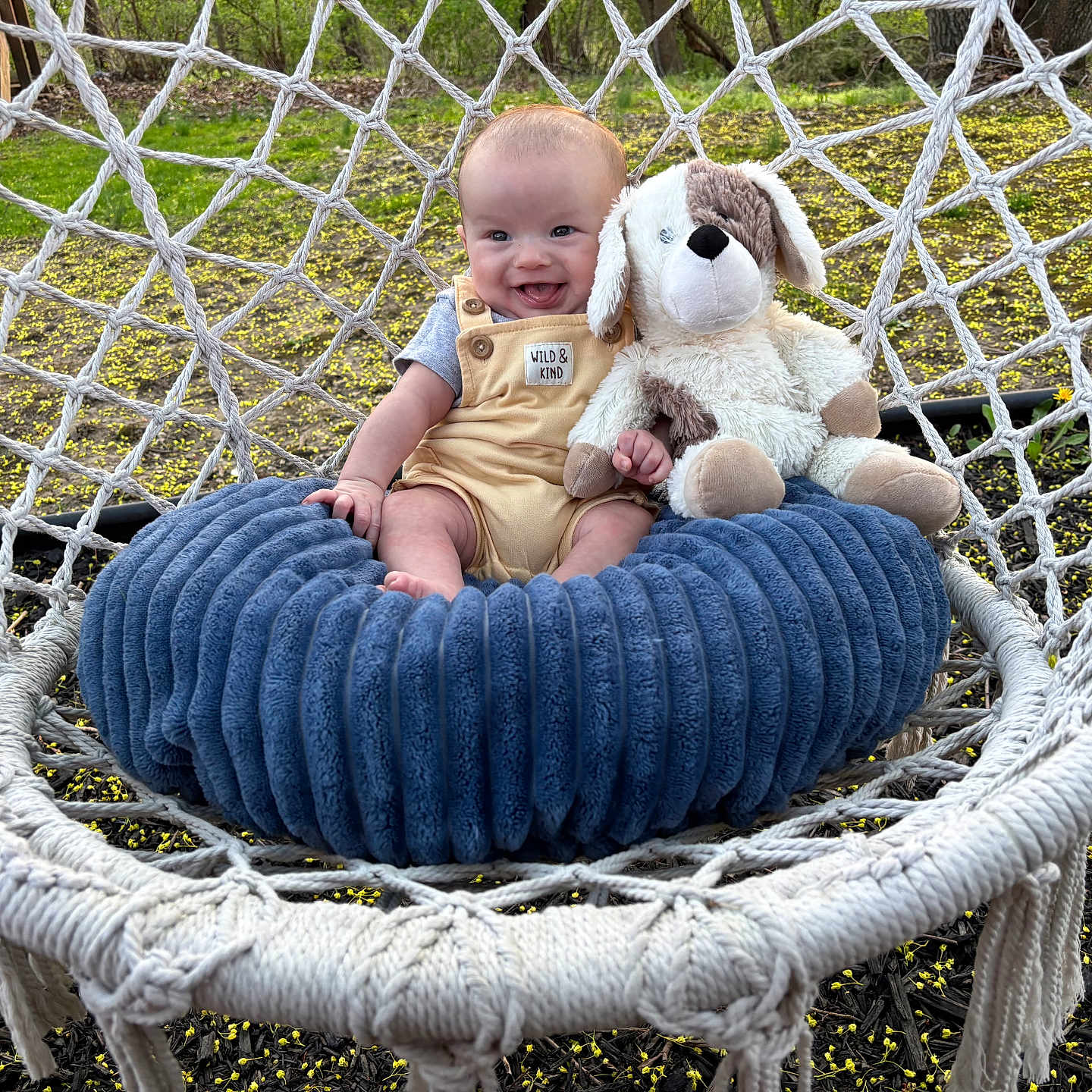 Chance is registered to the contest to win money with this photo: baby, child, cushion, cute, flowers, grass, greenery, hammock, happy, nature, outdoor, overalls, person, plush, relaxing, seat, smiling, stuffed_animal, sunlight, toy