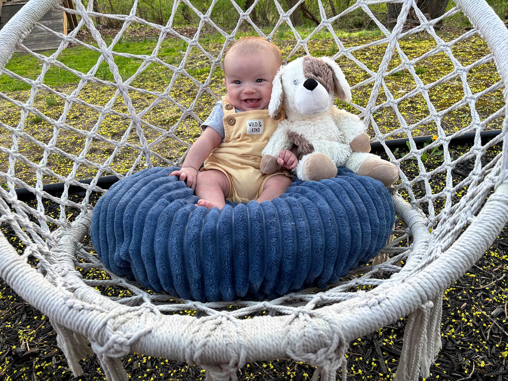 Chance is registered to the contest to win money with this photo: baby, child, outdoor, hammock, cushion, stuffed_animal, toy, grass, flowers, smiling, happy, overalls, plush, seat, nature, greenery, sunlight, person, cute, relaxing
