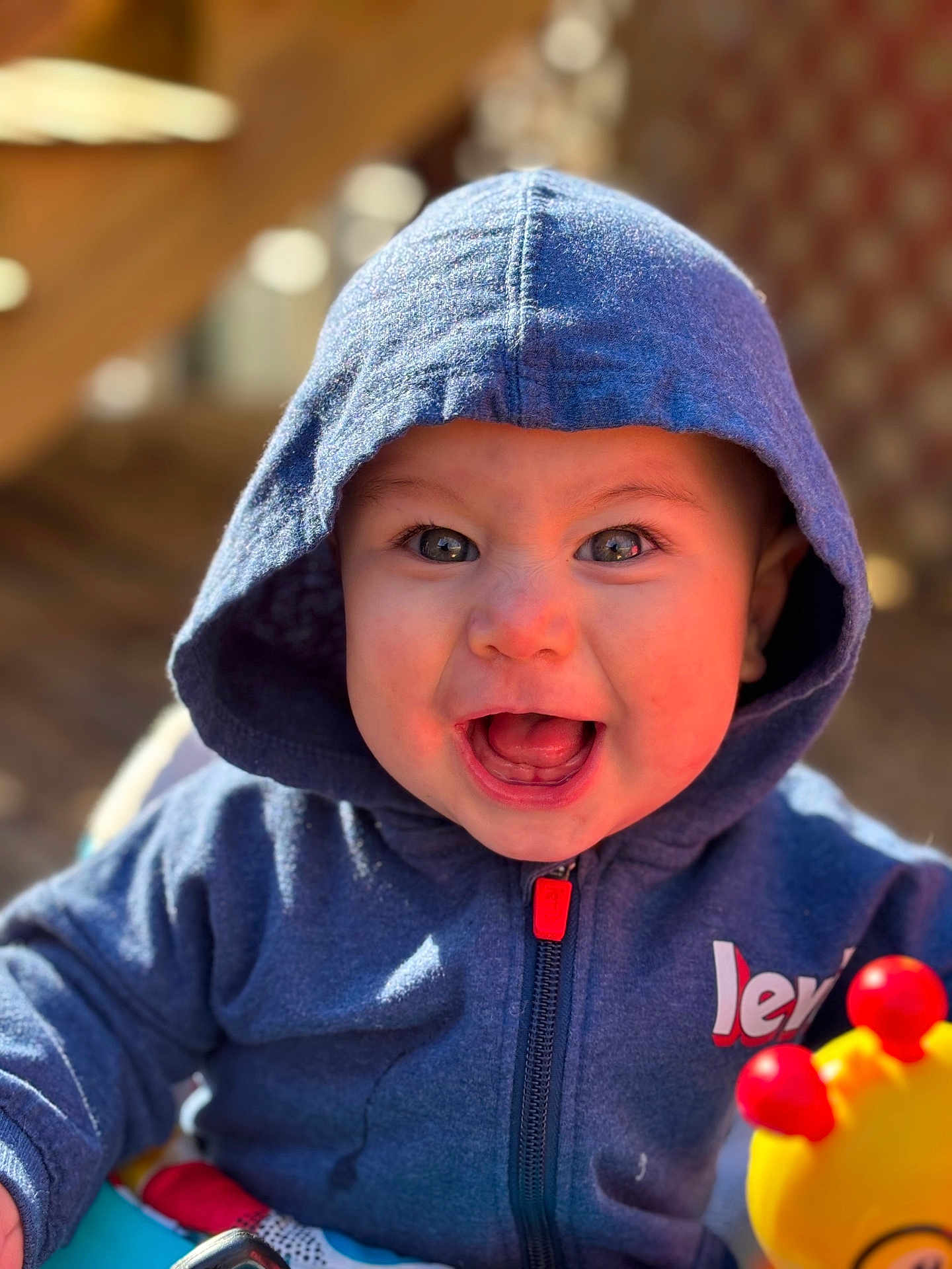 Braxton joined the competition — help win amazing prizes! baby, child, hoodie, blue_clothing, smiling, happy, toy, giraffe_toy, face, eyes, mouth_open, hood, zipper, indoor, warm_light, portrait, cute, infant, person, colorful