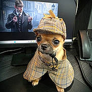 Arlow a rejoint le concours — aidez-le/la à gagner de superbes lots ! dog, chihuahua, costume, plaid, hat, cape, desk, computer, monitor, telephone, office, indoor, pet, cute, animal, mystery, detective, portrait, small_dog, brown