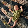 baby, infant, child, lying_down, blanket, camouflage, onesie, portrait, face, arms, hands, legs, feet, indoor, bed, textile, patterned_blanket, adorable, alert, photography