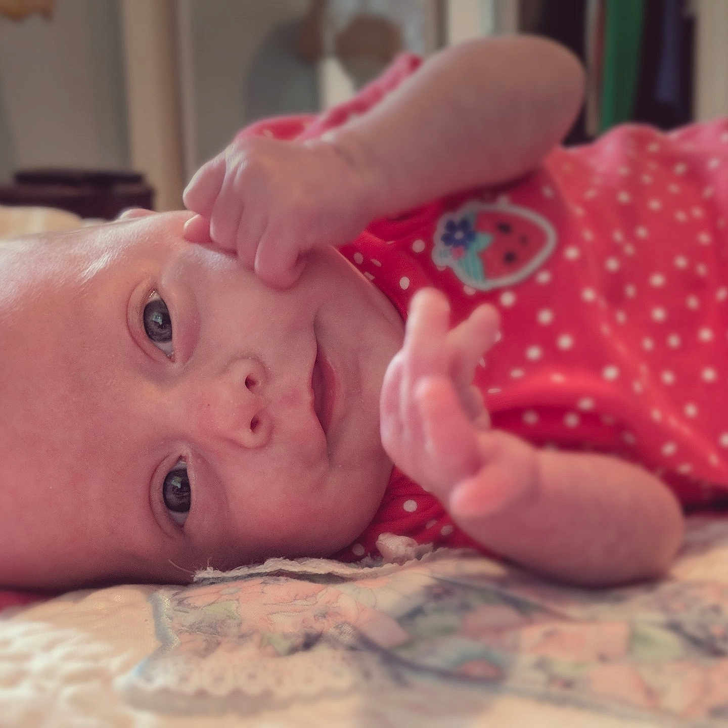 Jeanne is registered to the contest to win money with this photo: bedtime, cheek, child, ear, eye, finger, girl, hand, head, infant, lip, mouth, nose, pink, product, skin, toddler