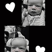Hudson is registered to the contest to win money with this photo: baby, infant, black_and_white, portrait, striped_clothing, blanket, heart_graphics, cute, cozy, expression, face, newborn, soft_texture, sleepwear, child, monochrome, closeup, person, adorable, resting