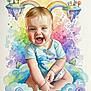 Amari joined the competition — help win amazing prizes! baby, infant, portrait, smile, watercolor, illustration, rainbow, clouds, fantasy, floating_island, trees, sun, moon, colorful, splash, painting, joyful, toddler, diaper, clothing