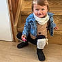 toddler, child, denim_jacket, pigtails, pacifier, stairs, wooden, indoor, flooring, leg_warmers, boots, smiling, cute, playful, scarf, fashion, young, person, portrait, casual