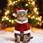 Picasso Dell Bowling is registered to the contest to win money with this photo: animal, cat, celebration, christmas, christmas_tree, costume, cute, decorations, festive, fluffy_rug, holiday, indoors, lights, pet, portrait, santa_hat, santa_suit, seasonal, tabby_cat, winter