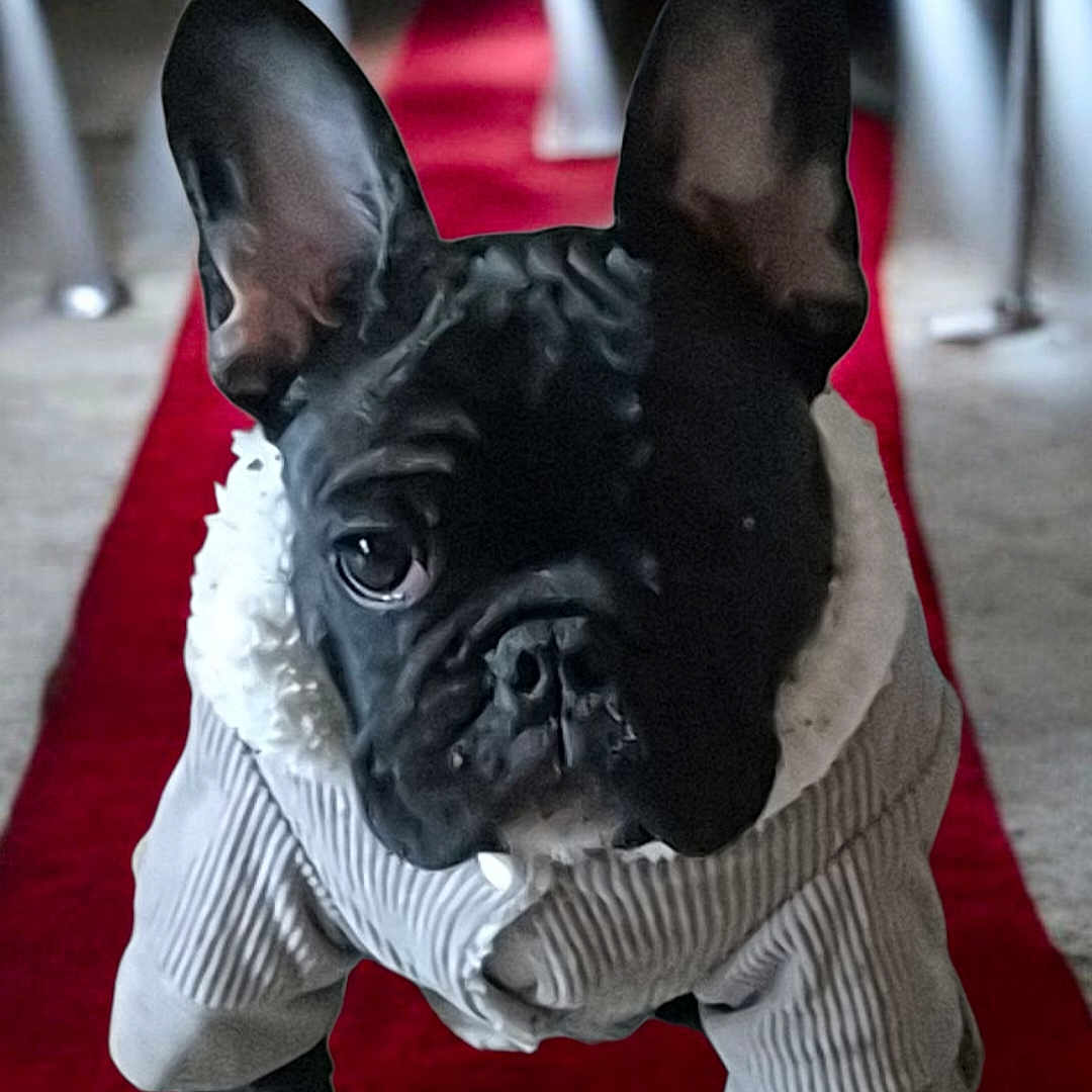 Angélus participe au concours pour gagner de l'argent avec cette photo : animal, black_dog, clothing, cute, dog, event, fashion, french_bulldog, fur, indoors, jacket, luxury, mammal, pet, portrait, puppy, red_carpet, spotlights, studio_lighting, walking
