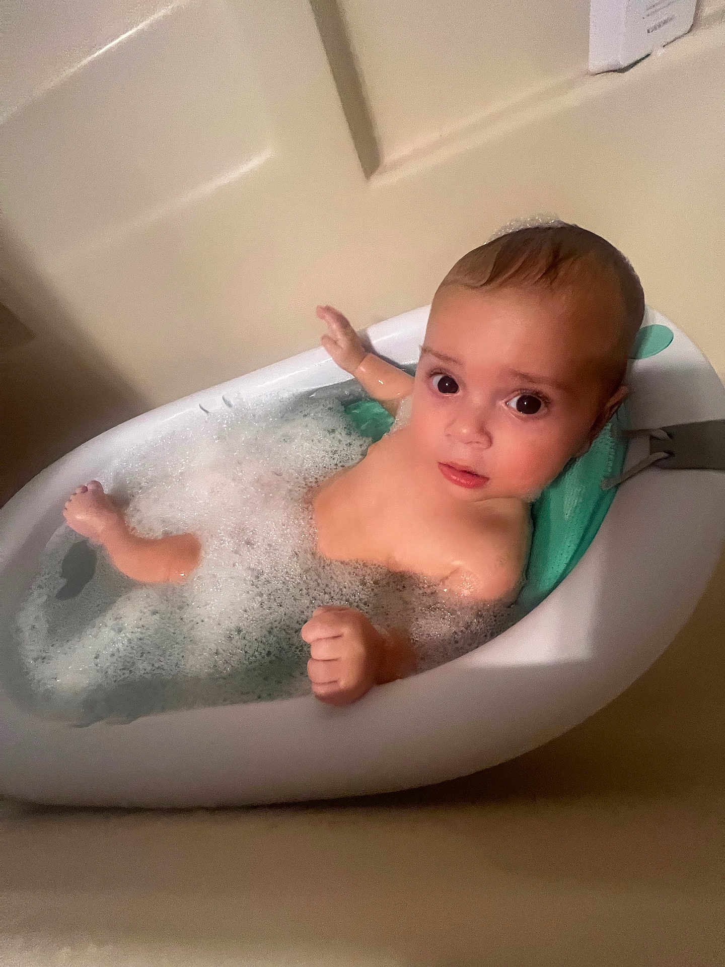 Ezra joined the competition — help win amazing prizes! baby, bathtub, bubble_bath, bathroom, child, foam, water, skin, head, face, expression, sitting, indoor, toddler, young_child, cleaning, relaxing, cute, infant, bath_time