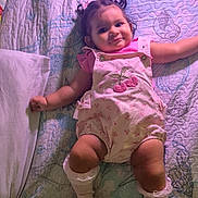 Anny Celeste joined the competition — help win amazing prizes! baby, bed, child, cute, face, girl, happy, indoor, infant, lying_down, pattern, pigtails, pillow, pink_clothing, portrait, quilt, skin, smile, socks, young_child