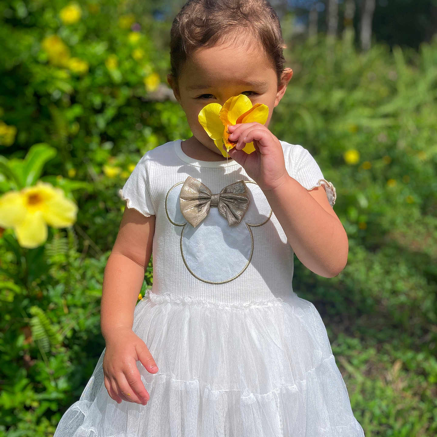 Jayani is registered to the contest to win money with this photo: child, cute, daylight, dress, flower, garden, greenery, happy, nature, outdoor, person, plants, playful, portrait, summer, sunlight, toddler, white_dress, yellow_flower, young_child
