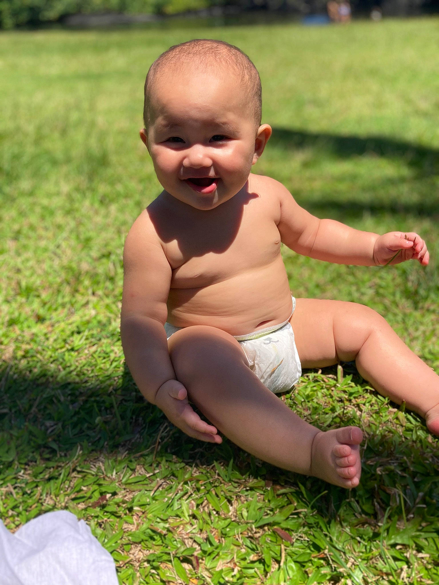 Jayani is registered to the contest to win money with this photo: baby, baby_toddler_clothing, barechested, chest, finger, fun, grass, grass_family, happy, human_body, human_leg, joy, leg, leisure, meadow, people_in_nature, person, plant, skin, smile