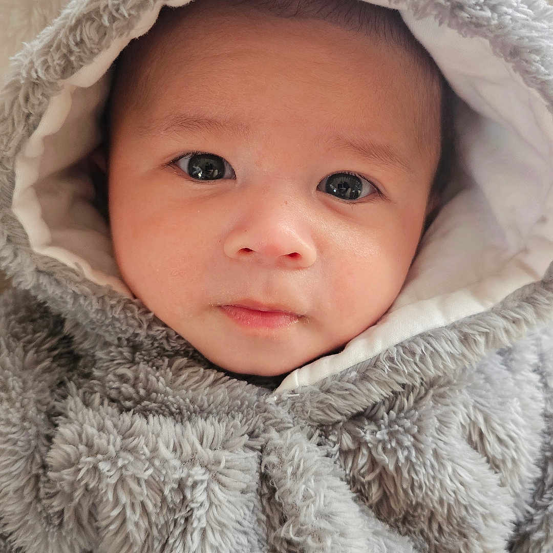 Livio participe au concours pour gagner de l'argent avec cette photo : apparel, baby, child, closeup, clothing, cute, expression, eyes, face, fur, hood, indoors, infant, newborn, person, portrait, skin, soft, warm, young
