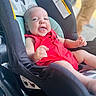 baby, baby_boy, baby_face, baby_girl, blurred_background, child, cute, foot, hand, happy, infant, infant_seat, outdoor, pattern, person, portrait, red_clothing, seat, smiling, stroller