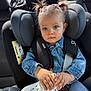 toddler, child, car_seat, seatbelt, denim_jacket, remote_control, pigtails, hair_clips, blue_eyes, hands, car_interior, safety, window, seat, clothing, baby, cute, portrait, young_child, person