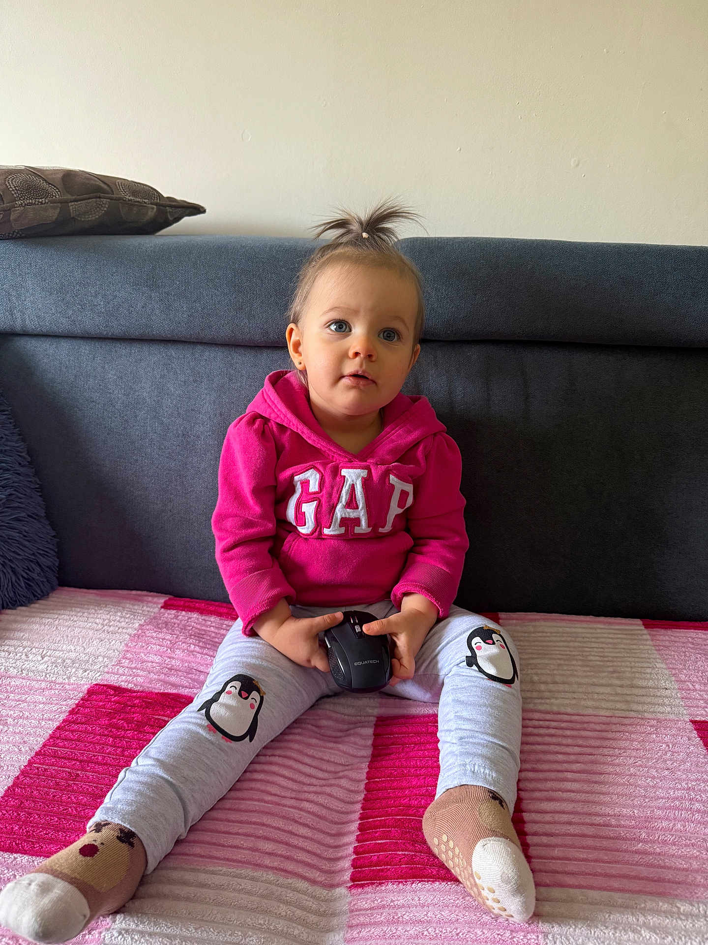 Milena is registered to the contest to win money with this photo: toddler, child, pink_hoodie, penguin_pants, sitting, blanket, computer_mouse, indoor, couch, cushion, curly_hair, small_pony_tail, blue_eyes, socks, casual_clothing, cute, portrait, person, home_interior, innocence