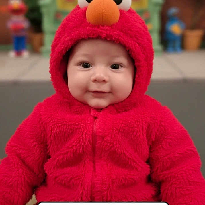 Zachariah is registered to the contest to win money with this photo: baby, child, costume, elmo, red_clothing, cute, smile, portrait, infant, hooded_jacket, face, eyes, indoor, colorful, background, plush, young_child, sitting, happy, closeup